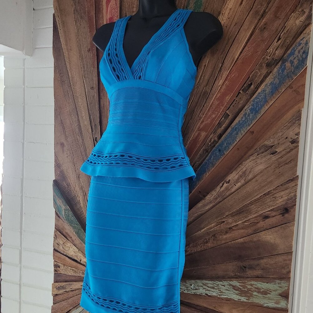Harve Leger by Max Azria blue bandage peplum mini Dress Sz XS